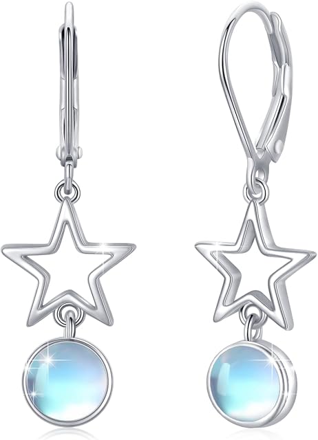 Moonstone Dangle Drop Earrings 925 Sterling Silver Moonstone Star Moon Hoop Leverback Earrings Hypoallergenic Jewelry Gifts for Women Girls