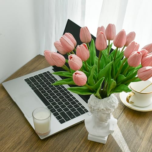 Image of ONLY ART Artificial Dusty Pink Tulips 20 Pcs - 13.5 Inch PU Faux Flowers with Bendable Stems for Home Decor, Wedding Centerpieces, DIY Floral Arrangements, New Year and Valentine's Day