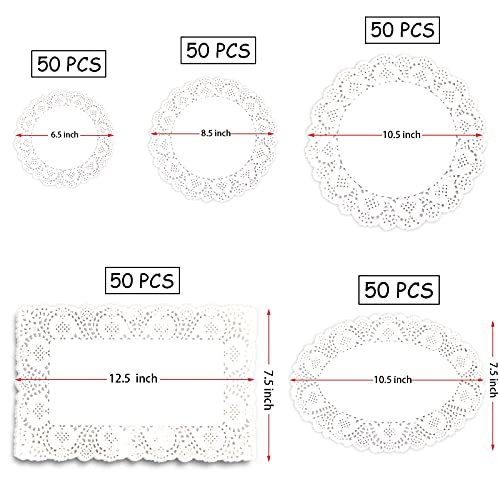 250 Pcs Paper Doilies Lace Assorted Size Food Grade Modern Decorative Placemats Bulk Add Elegance To Crafts, Coffee, Cake, Desert, Table, Wedding, Tableware Decoration (Round Rectangle Oval White) #TOP2
