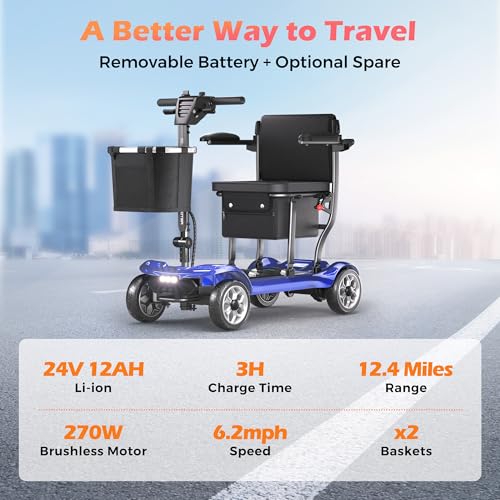 Image of Lightweight Mobility Scooter for Adults & Seniors - Cruise & Airport Approved, 43lb Foldable Portable Motorized Scooters with Removable Lithium Battery for 12.4 Miles Travel, 300lb Capacity, Blue