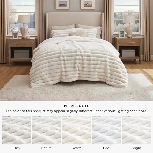 Image of Bedsure Faux Fur Queen Comforter Set - Coconut White Fluffy Comforter Queen Size, Soft and Cozy Shaggy Bedding Comforter Sets, Winter Warm Luxury Fuzzy Bed Set, 1 Comforter and 2 Pillowcases