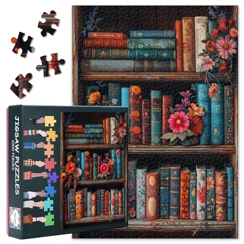 Jigsaw Puzzle 1000 piezas de libros vintage - 1000 piezas rompecabezas para adultos, estantería para adultos, rompecabezas difícil desafiante de flores en flor (70 x 50 cm), noche de juego familiar y