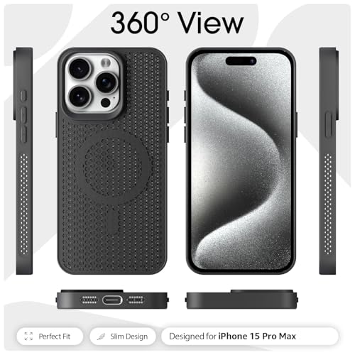Image of Pikkme Back Cover for iPhone 15 Pro Max | Honeycomb Cooling Design | Silicone Heat Dissipation | Mag-Safe Compatible | Shockproof Camera Protection Bumper Case (Black)