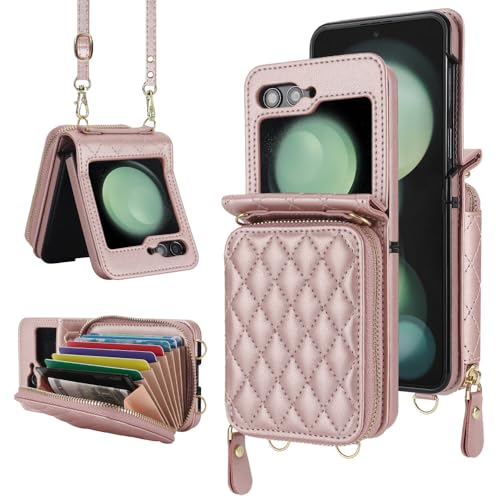Étui en cuir Samsung Z Flip 5 4 or rose, maroquinerie de luxe avec bandoulière amovible