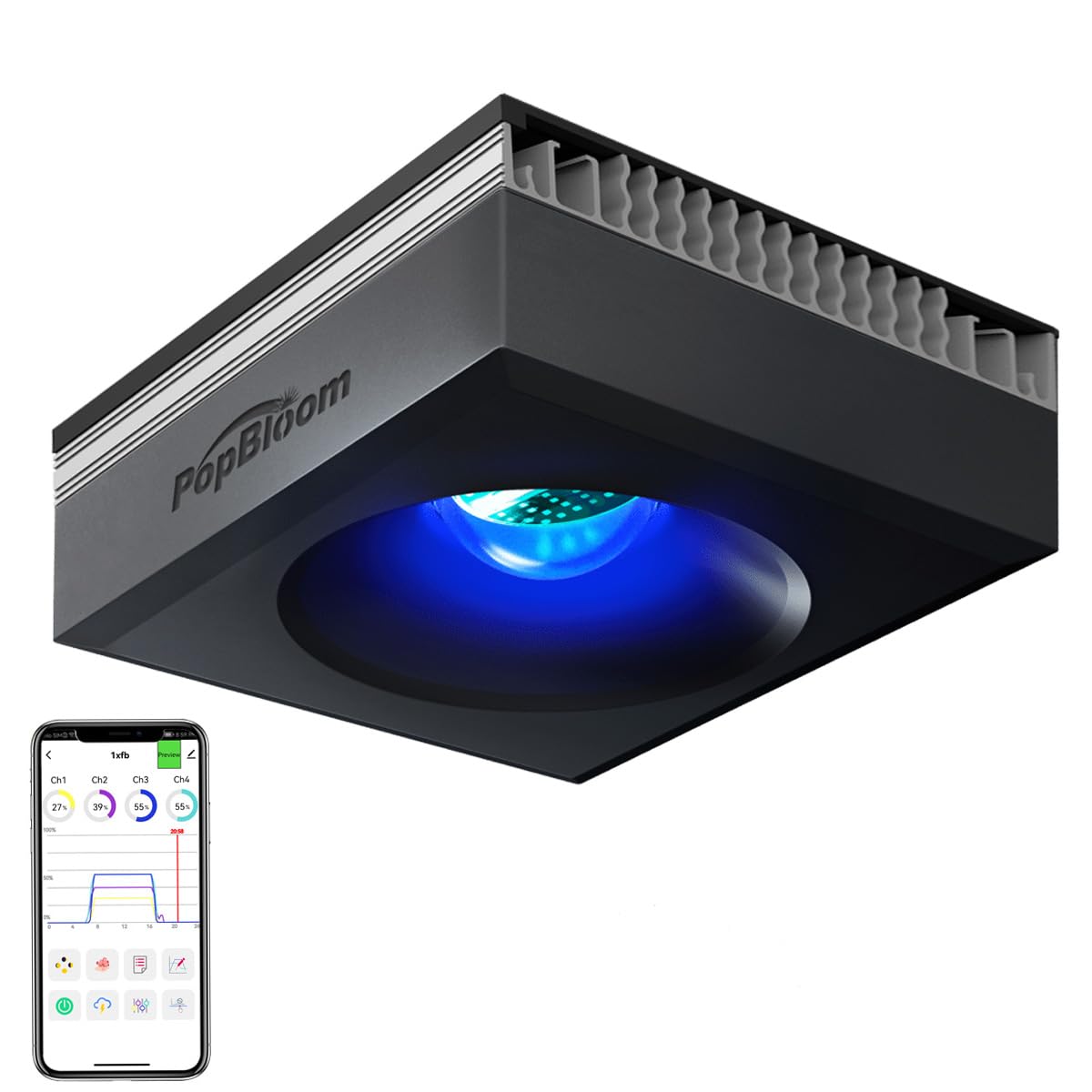 PopBloom RL90 Led Aquarium Light For Coral Reef, Smart-APP Control Reef Led Light Aquarium Marine Lighting Fish Tank Light for 40-60CM Saltwater SPS/LPS Mixed Reef Fish Aquarium(1 Light with Hang Kit)