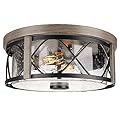 Rosient Rustic Close to Ceiling Light Fixtures, Farmhouse Wood Grain Flush Mount Ceiling Lighting, Metal Cage Lighting with Seeded Glass for Home Kitchen Dining Room Bedroom Hallway Entryway Foyer
