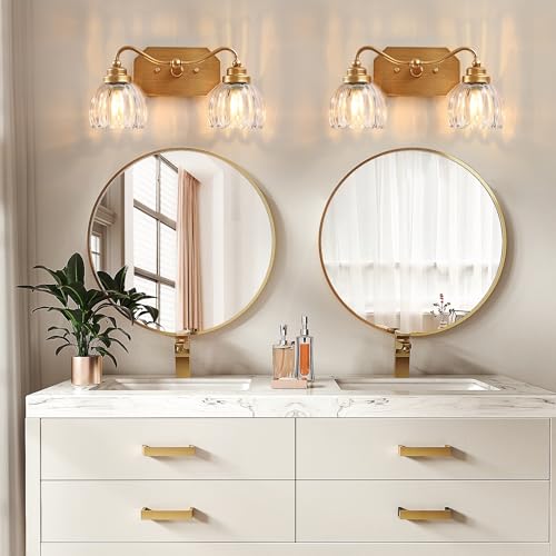 Image of Vintage Bathroom Light Fixtures, 2 Light Gold Bathroom Vanity Light, Matte Antique Brass Finish with Crystal Glass Shade, Wall Sconces Lighting for Bedroom, Living Room, Hallway