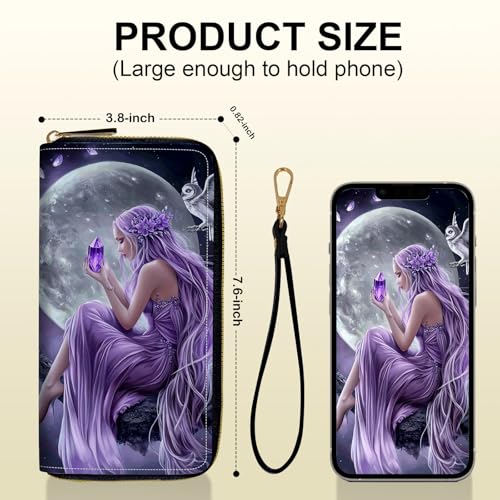 Women's Card Holder Wristlet Wallet, Convenient Travel Long Wallet with Strap and Pink Compact Mirror, Fashion and Sturdy Wristlet Long Purse for Women, Moonlight Fairy3