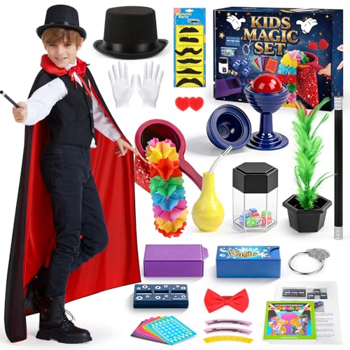 BuzzoXerex Zauberkasten Zaubertricks Zauberer Kostüm Kinder Zauberkasten Kinder ab 6 mit Zauberhut Zauberumhang Fliege und Zauberrequisiten Kindergeschenk für Jungen und Mädchen für Karneval