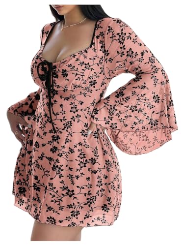 Image of Floerns Women's Plus Size Floral Gothic Dress Flare Long Sleeve Mesh Grunge A Line Dress