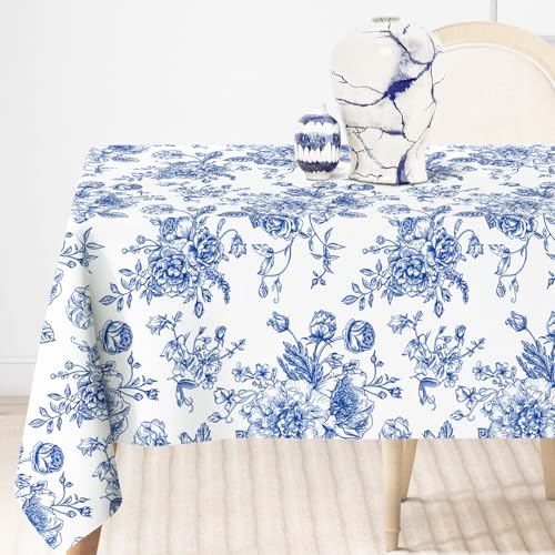 Generic A3955 Anydesign Vintage Floral Tablecloth Rectangle Blue Flower Fabric Table Cloth Washable Flower Table Cover cover
