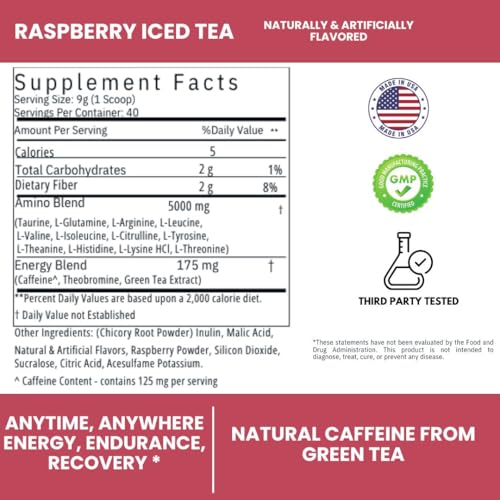 Image of Clean Energy - Pre Workout Powder for Men & Women with BCAAs Amino Acids, Energy Drink Powder, Amino Acid Energy Powder for Energy & Focus - 40 Servings (12.7 oz, Raspberry Iced Tea)
