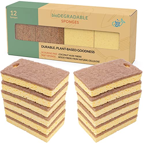 bioGo Biodegradable Cleaning Scrub Sponges Kitchen - Eco Friendly Cellulose Dish Sponges for Washing Dishes - Eco Dish Sponge - Natural Kitchen Sponges and Scrubbers - Kitchen Sponges Pack (Bulk 12)