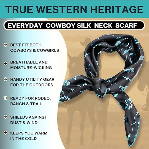 Wild Rag Silk Scarf 36'', Western Cowboy Bandana Square Silky Wild Rags,Black &Turquoise Aztec Cow Skull Tribal Scarves for Men & Women2