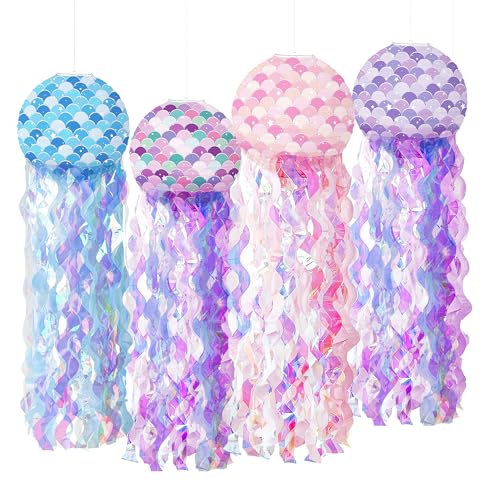 Mermaid Birthday Decorations Jellyfish Paper Lanterns Mermaid Scales Hanging Lantern for Girls Birthday, Baby Shower, Ocean Theme Party Decoration, Set of 4