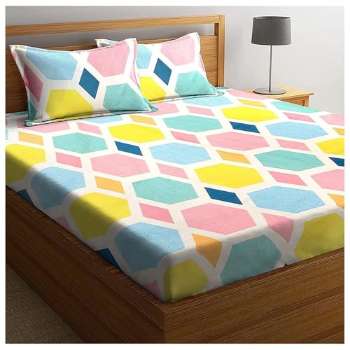 Image of Cotton Feel Glace Cotton Elastic Fitted Printed King Size Double Bed Bedsheet with 2 Pillow Cover (72 inchx78 inch, Thirbhuj)