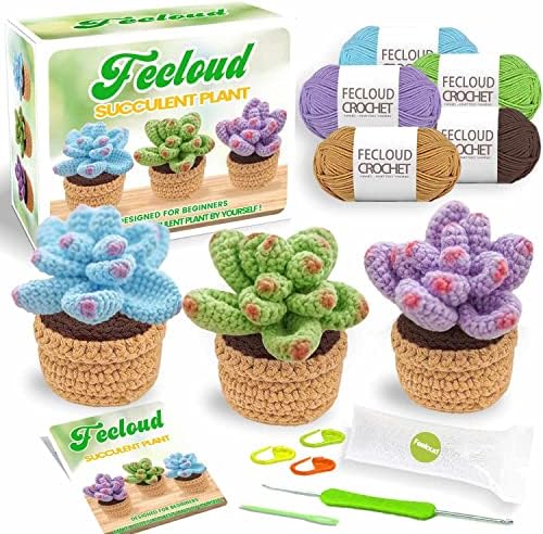 Crochet Kit for Beginners - 3Pcs Succulents, Beginner Crochet Kit for Adults, Step-by-Step Video Tutorials, Crocheting Knitting Crochet Kit