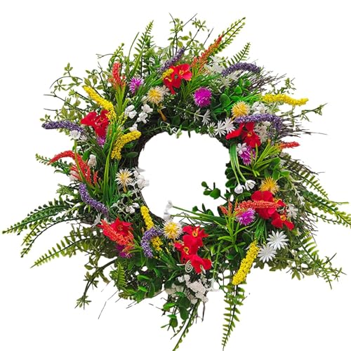 Door Wreath, Spring Summer Wildflower Wreath Decorative Garland For Front Door Outdoor, Artificial Wreaths With Flowers For Farmhouse Home Garden Wedding Decor