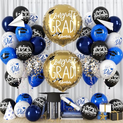 Image of HILAVO Blue and Black Graduation Balloons 2026 Graduation Decoration 18 In Grad Foil Balloon Royal Navy Blue Black White Print Balloon for Class of 2026 Congrats Grad Party Decor College High School
