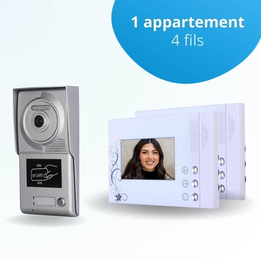 Portier interphone vidéo Classic 4 Fils - 1 Appartement - 2 écrans Blancs - avec Lecteur de Badge