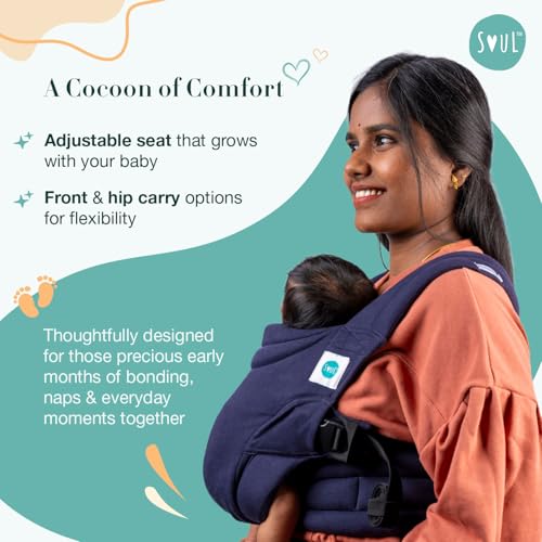 Image of Soulslings Tanu Baby Carrier Cove | Stretchy Baby Carrier for New Born & 0 to 1 Year Baby | Soft Cotton Belt with Ergonomic M Position | Adjustable Infant Carrier with Front & Hip Carry (3-10 Kgs)