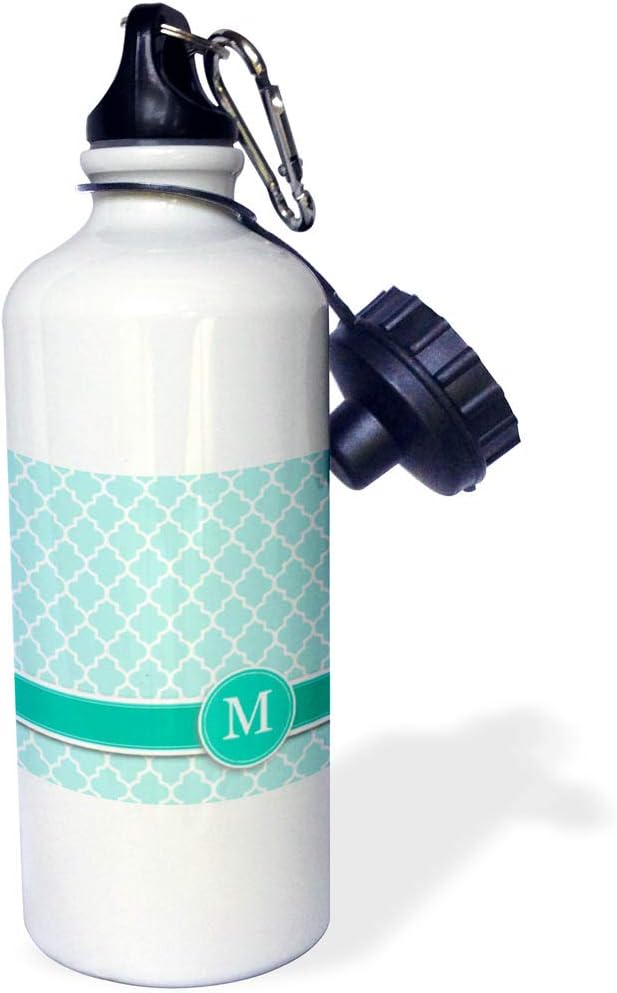 3dRose Personalized Letter M Aqua Blue Quatrefoil Pattern Teal Turquoise Mint Monogrammed Personal Initial Sports Water Bottle, 21 oz, White