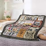 Route 66 Blanket for Men – Vintage Motorcycle Road Trip Throw Blanket – Soft Flannel Fleece Couch Bed Decor – Biker Gift, Man Cave Blanket, Travel-Themed Throw (51.1 * 59inch)