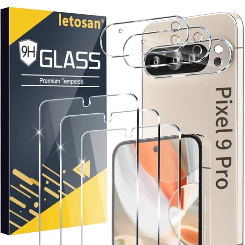 letosan 3 Pack for Google Pixel 9 Pro Screen Protector Tempered Glass + 3 Pack Camera Lens Protector Military Grade Shatterproof 9H Hardness Fingerprint Unlock Case Friendly 6.3 Inch