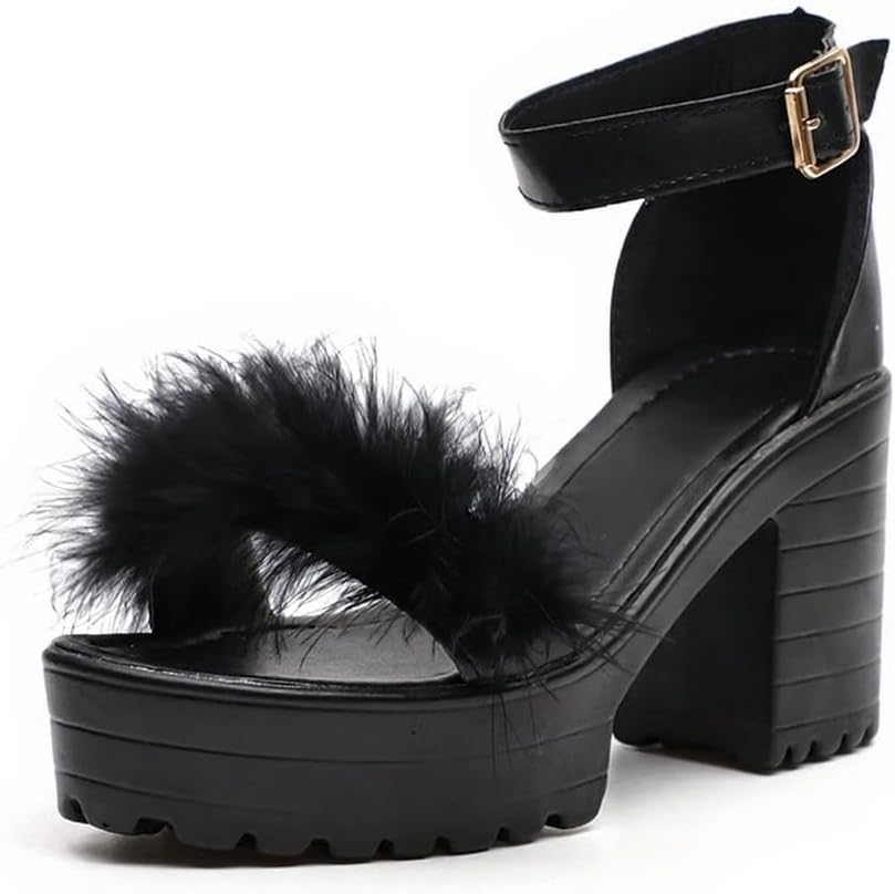 YSMIIH Women'S Faux Fur Chunky Heel Sandals Platform Open Toe Fuzzy Ankle Strap Sexy Colorful Wedding Dress Heels