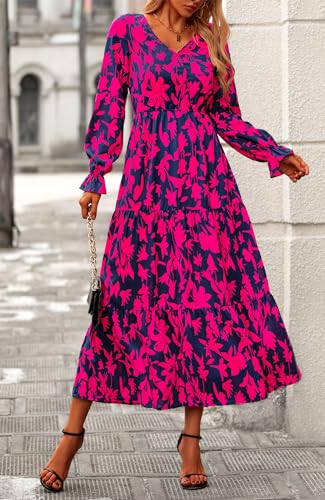 BTFBM Women Fall Dresses 2025 Casual Long Sleeve V Neck Maxi Dresses Floral Boho Long Dress Wedding Guest Dress