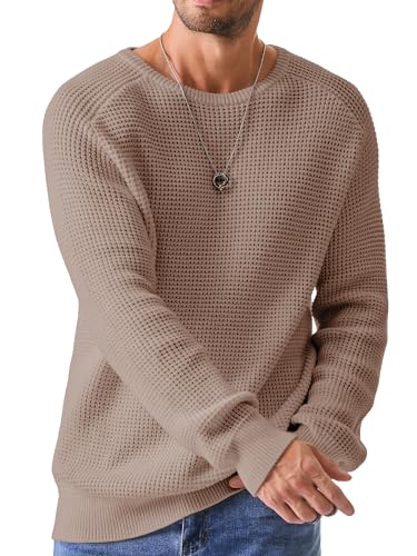 JMIERR Men's Crewneck Sweater Soft Casual Essentials Waffle Textured Knit Sweaters Classic Long Sleeve Pullover Sweaters with Ribbing Edge,2XL,Light Khaki