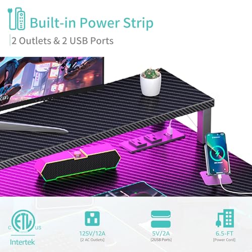 Image of Lufeiya Gaming Desk with Power Outlets and LED Lights, 40 Inch Gamer Desk Table with Charging Station, Home Office Computer Desks with Monitor, Black