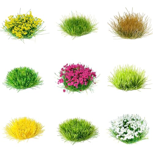 Potanro 126pcs Static Grass Tufts and Miniature Flowers Cluster for Crafts Diorama Grass Base Supplies Model Grass Scene Accessories for Train Railroad Scenery Sand Military Terrain Model
