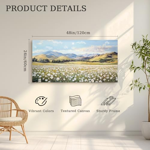 crmotu Canvas Wall Art Landscape, Oversized Wall Art, Floral Wall Decor, White Wildflower Field Painting, Nature Wilderness Pictures Wall Decor Living Room Bedroom Bathroom Art Prints 24x48inch