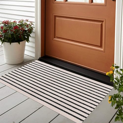 LEEVAN Black and White Striped Rug Doormat 24″x35″ Washable Front Porch Rug Farmhouse Layered Door Mats Outdoor Cotton Hand Woven Throw Carpet for Entryway/Front Steps/Bathroom/Home Entrance