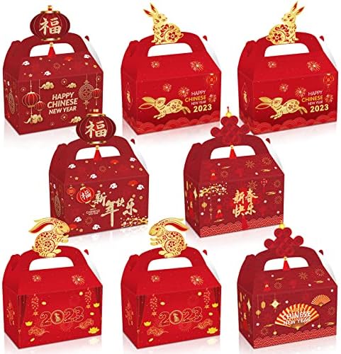 24 Pcs Chinese Rabbit Year Gift Boxes Chinese New Year Treat Boxes Candy Gable Boxes Year of Rabbit Cookie Boxes Red Goodie Boxes for 2023 New Year Party Favors (Chinese New Year)
