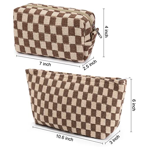 Soidram 2 Pieces Makeup Bag Large Checkered Cosmetic Bag Brown Capacity Canvas Travel Toiletry Bag Organizer Cute Makeup Brushes Aesthetic Accessories Storage Bag For Women #TOP2