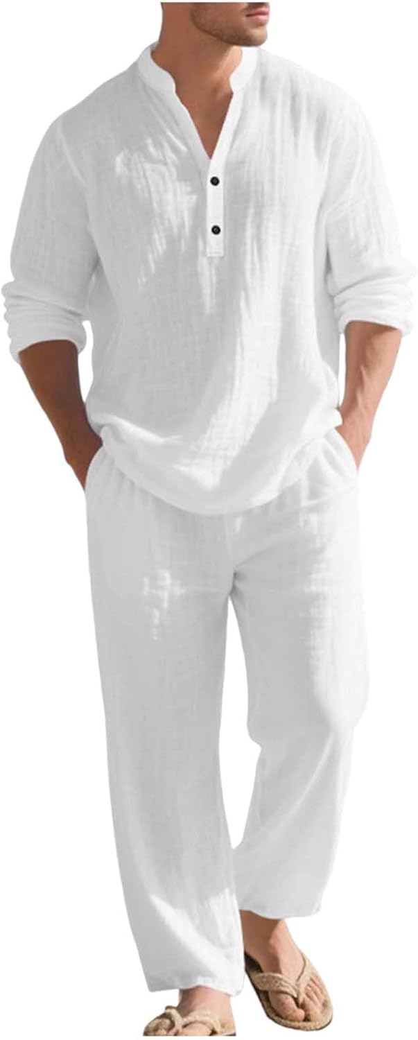 Cambkatl Men's 2 Piece Linen Outfits Loose Long Sleeve Casual Stand Collar Shirts and Beach Pants Vacation Matching Sets
