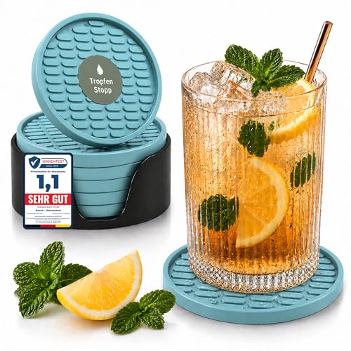 TESTNOTE SEHR GUT Gläser Untersetzer mit Tropfen Stopp Spülmaschinenfest Extra Dickes & rutschfestes Silikon - Getränkeuntersetzer Cocktails Tassen Kaffee Tee 6er Set