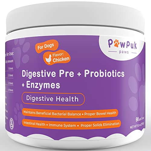 PawPuk Paws Digestive Supplements for Dogs, Vitamins, Inulin - Beneficial Bacterial Balance, Fiber, Probiotics - Healthy Gut Microbes, Bowel, Intestinal, Immune Support, Proper Solids Elimination