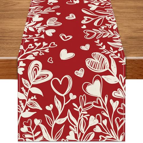 Heirloom Haven Valentine’s Day Red Heart Love Plant Table Runner 13x72 Inch , Holiday Kitchen Dining Tabletop Runners for Home Indoor Farmhouse Decoration