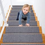CELION Non-Slip Carpet Stair Treads for Wooden Steps, 8' X 30' 15PCS Indoor Self-Adhesive Safety Rug Slip Resistant Stair Treads Carpet Runner Mats for Elders, Kids, Pets (Light Grey)