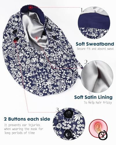 Image of Satin Lined Scrub Cap for Women Extra Large Long Hair Surgical Nurse Cap 4 Buttons
