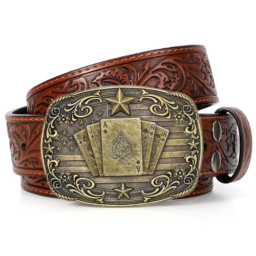 Image of SANSTHS Western Cowboy Belts for Men Women, Mens Western Belt Bull Buckle Country Belt Cowboy Leather Belt for Jeans