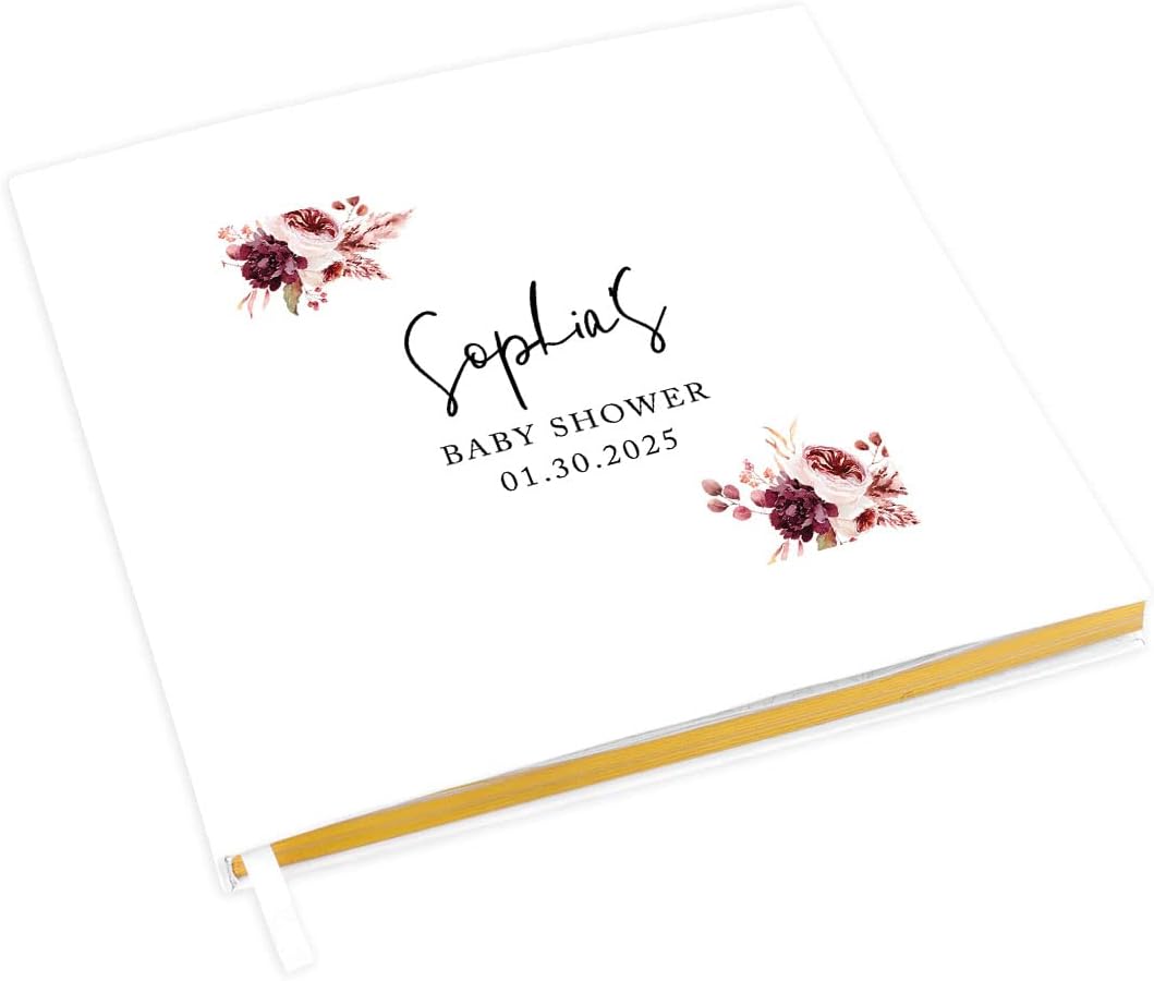 Andaz Press Personalized Baby Shower Guestbook with Gold Accents, Boho Burgundy Florals Fall Custom Guestbook White Guest Sign-In Registry 120 Pages 8.5" X 8.5" Memories Book DIY Scrapbook Photo Album