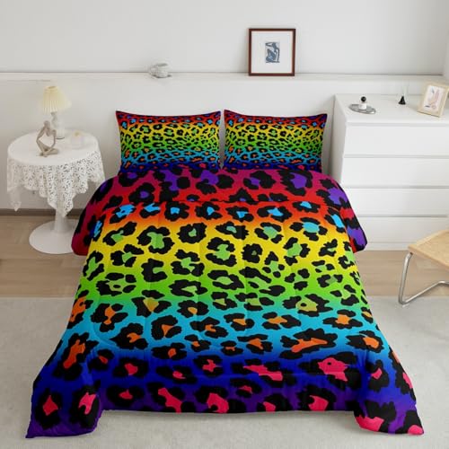 Image of Girls Colorful Cheetah Printed Comforter Set - Full Size Women's Down Alternative Comforter for All Season - Rainbow Leopard Print Quilt Set