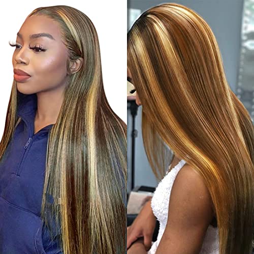 Highlight Colored Lace Front Wig Human Hair Ombre Blonde Human Hair Wigs Pre Plucked with Baby Hair 13x6 Free Part Glueless Lace Front Wigs for Black Woman 150% Density (20 inch)