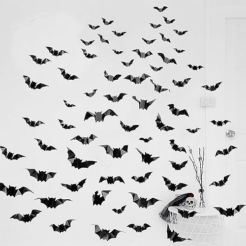 128 Pcs Realistic 3D Bats Halloween Decorations, 4 Sizes Scary Bat Clings, DIY Wall & Bathroom Fireplace Decor