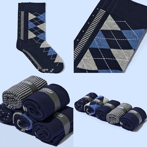 VRD Men’s Dress Socks, Bamboo 5-Pack Assorted Pattern, Solid, Striped, Argyle, Dotted Crew Socks Gift for Men Shoe Size 8-133