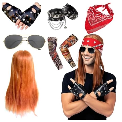 Disfraces de Rock Kit, Disfraces de Rock Accesorios, Año 70 80 90 Costumes Disfraz Rockero Metal Pesado de Rock con Peluca Guantes Gafas de sol, Pañuelos, Pulsera, Mangas de Tatuaje Rockero